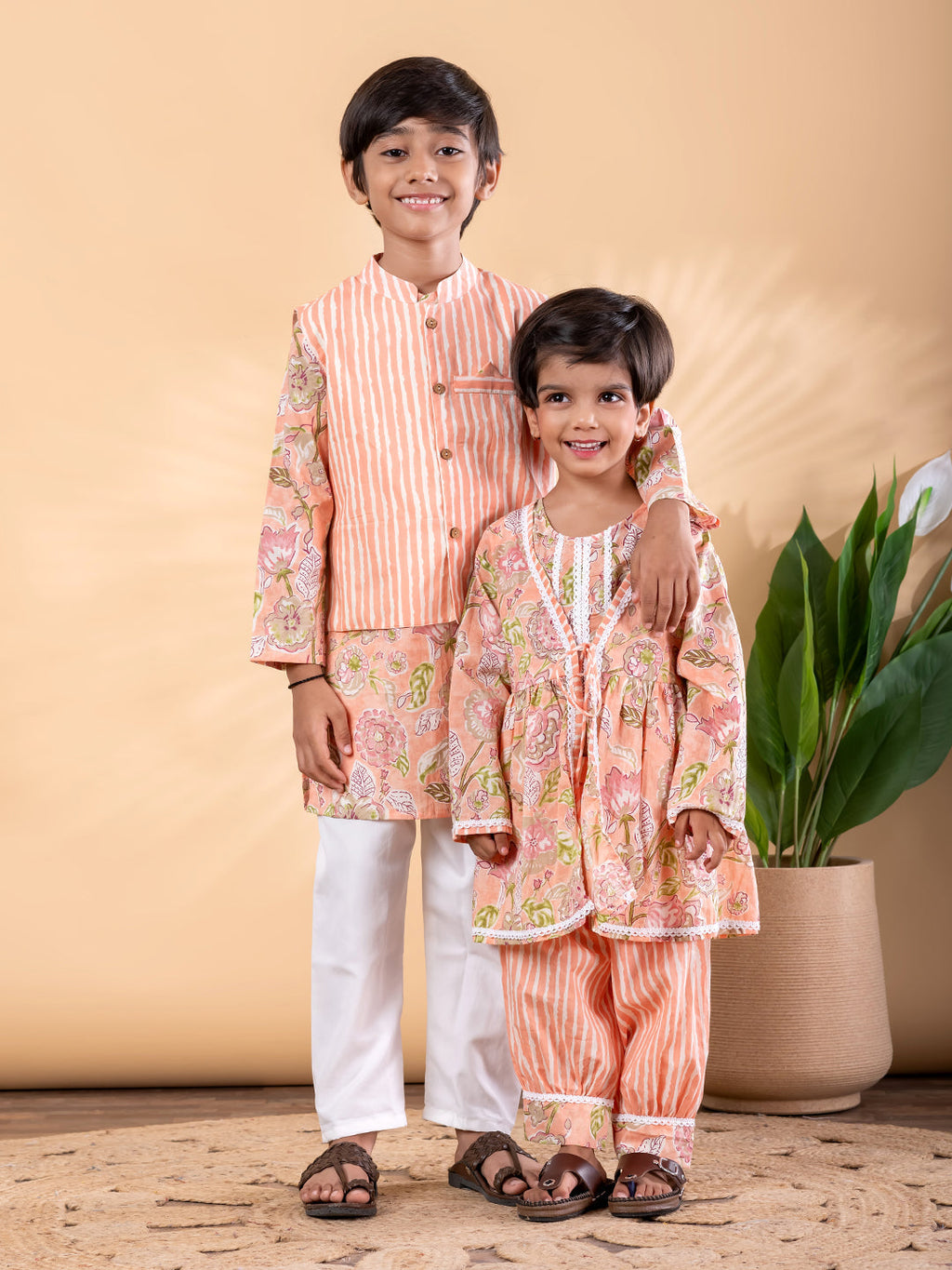 Peach Ethnic Floral Kurta Pyjama & Jacket Outfit for Boys