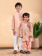 Peach Ethnic Floral Kurta Pyjama & Jacket Outfit for Boys