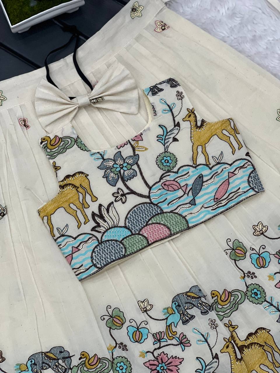 Vibrant Offwhite Animal Work Cura Cotton Lehengha With Top