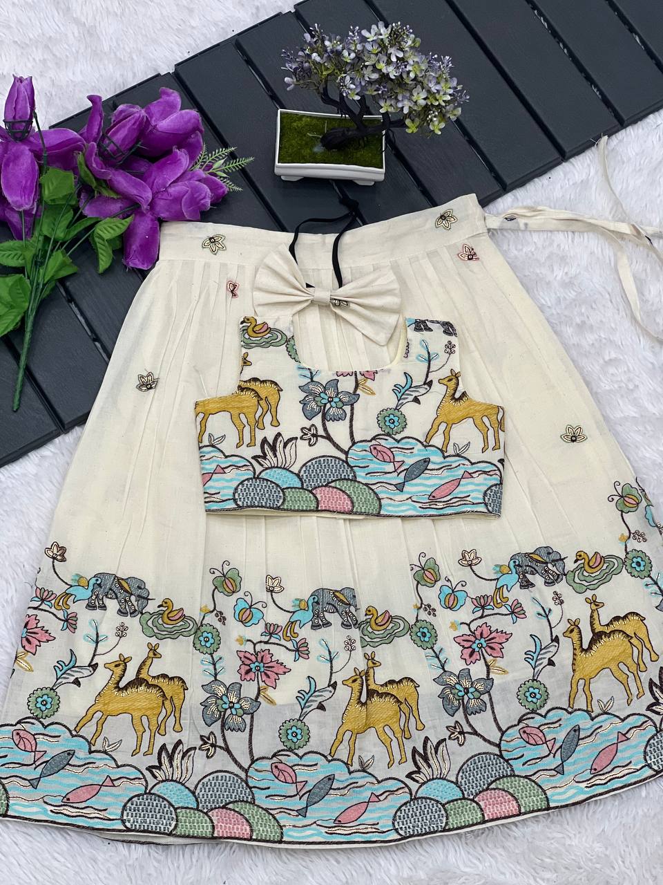 Vibrant Offwhite Animal Work Cura Cotton Lehengha With Top