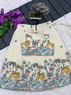 Vibrant Offwhite Animal Work Cura Cotton Lehengha With Top