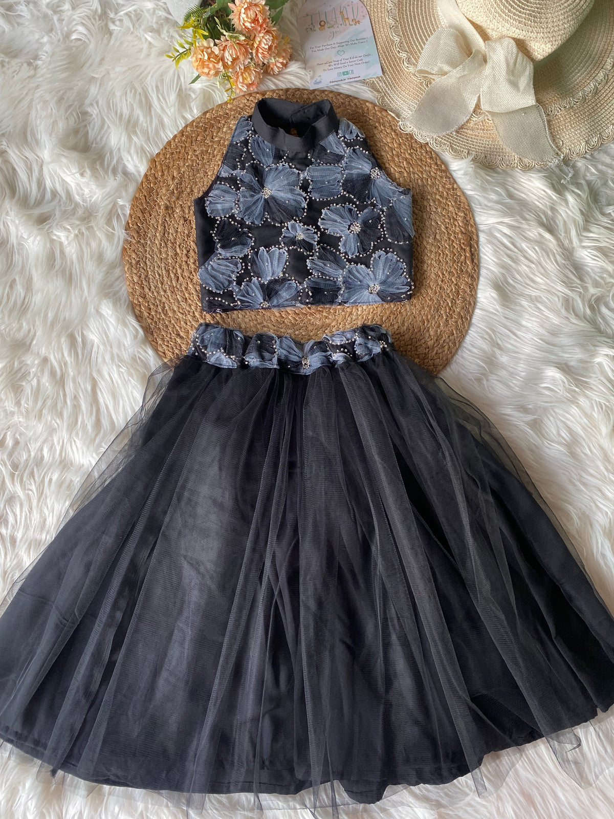 Black Hand Embroidery Net Lehenga