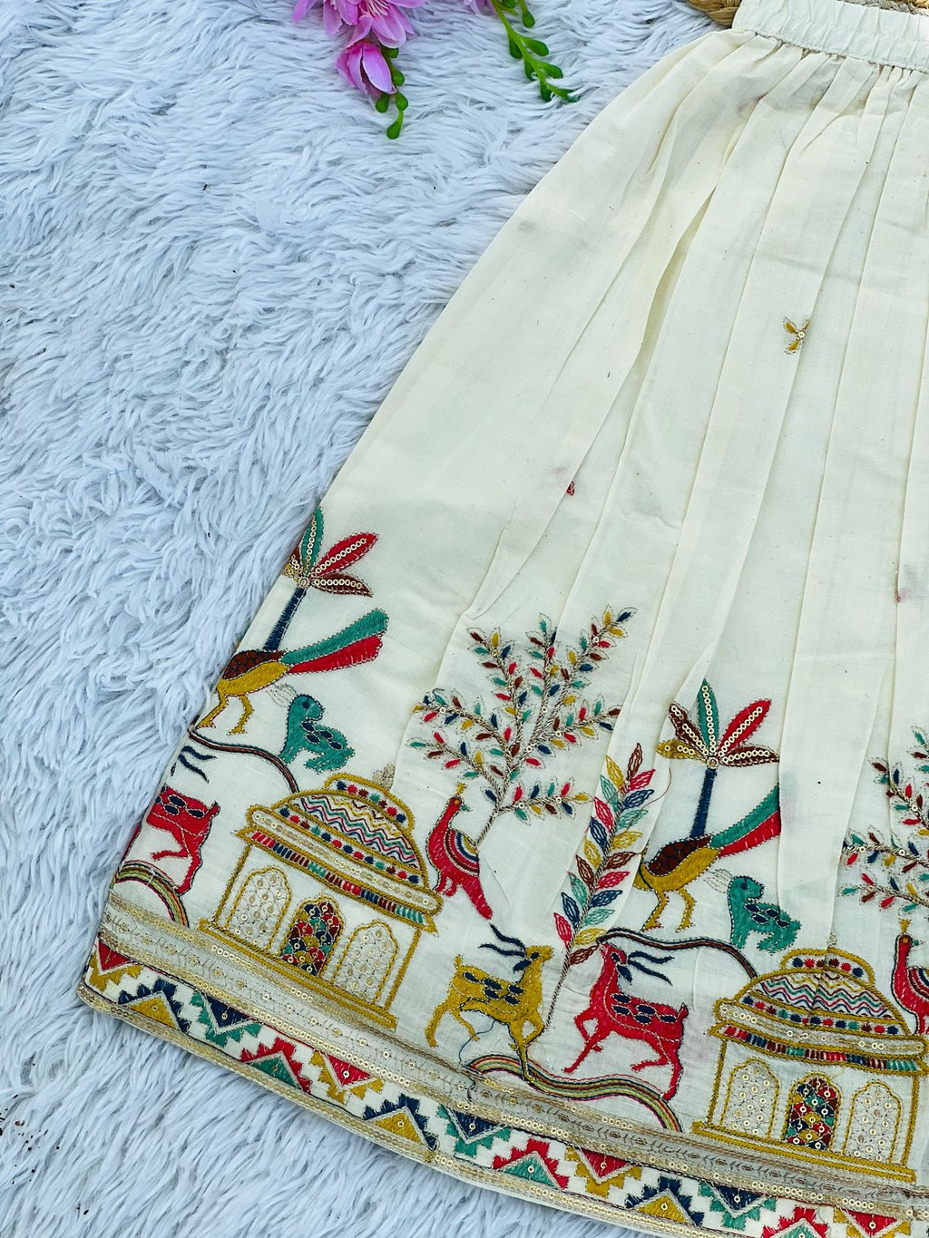 Exquisite Embroidery Work on Khadi Cotton Fabric Kids Lahenga Choli