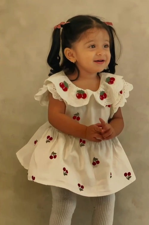 White Cherry Print Cotton Frock with Frill Sleeves